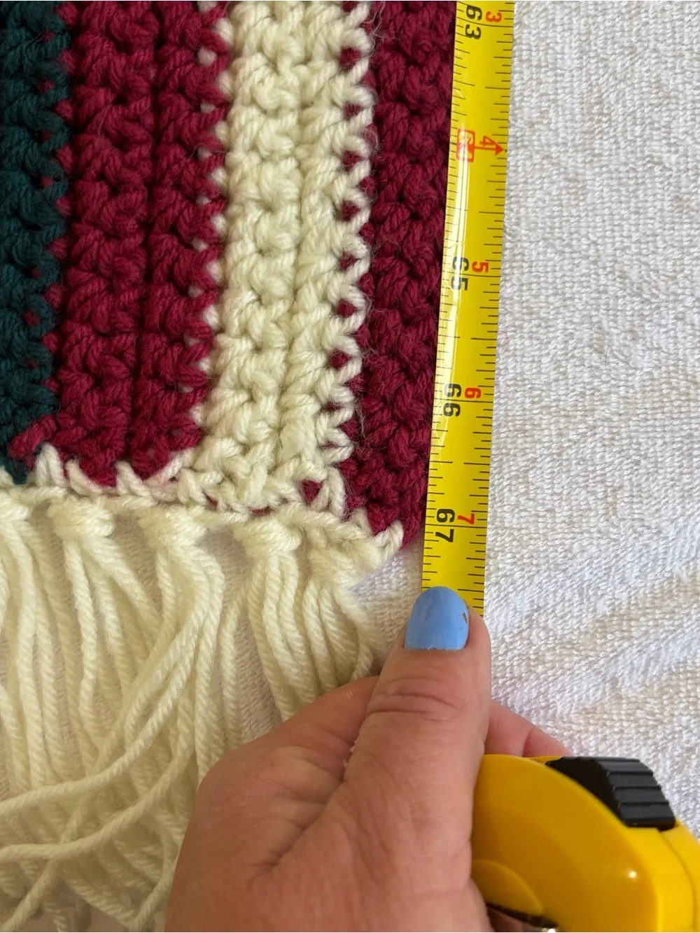 Handmade Crochet Throw Blanket Fringe Cranberry Evergreen Cream 67x43